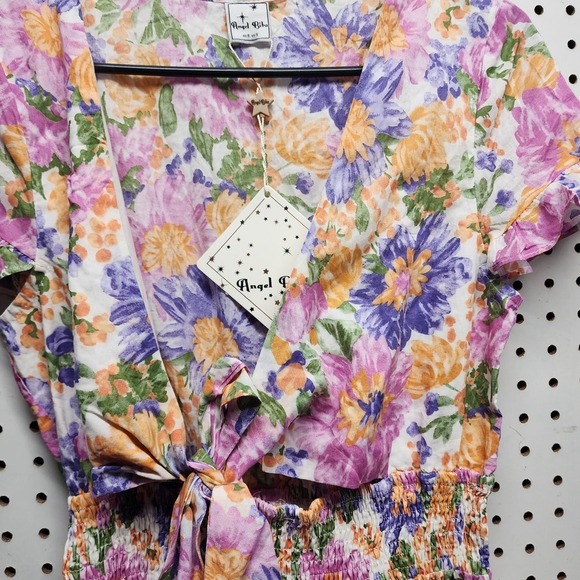 ✨‎ ANGEL BIBA White Floral Boho Babydoll Wrap Mini Dress – 100% Cotton, Size 8, - Picture 3 of 12